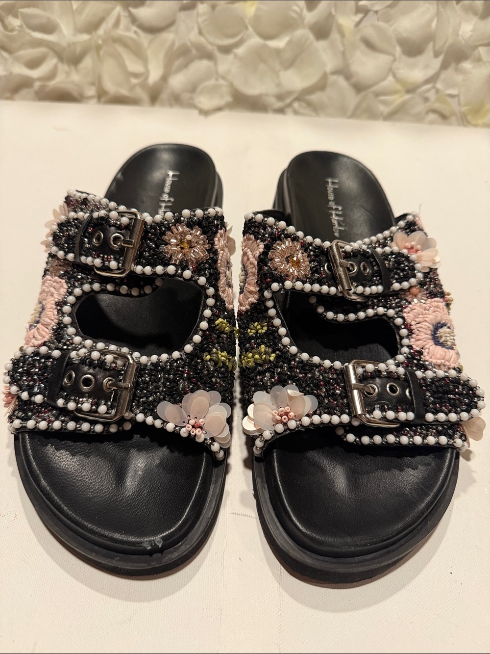 House of Harlow 1960 Black Beaded Floral Buckle Slide Sandals